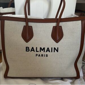 Balmain Canvas Tote with Brown Leather Trim